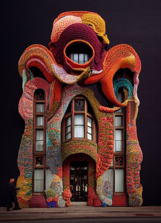 A crocheted house designed by Hassan Raqab who uses AI to generate some of his work